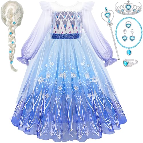 Elsa Kostüm Mädchen Elsa Kleid Mädchen mit Perücke Krone Zauberstab Halskette Armband Ring Ohrring Eiskönigin Kleid für Kinder 3 4 5 6 7 8 9 10 Jahre Karneval Halloween Verkleidung (130) von Atoylink