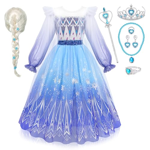 Elsa Kostüm Mädchen Elsa Kleid Mädchen mit Perücke Krone Zauberstab Halskette Armband Ring Ohrring Eiskönigin Kleid für Kinder Mädchen 3 4 5 6 7 8 9 10 Jahre Karneval Halloween Verkleidung (130) von Atoylink