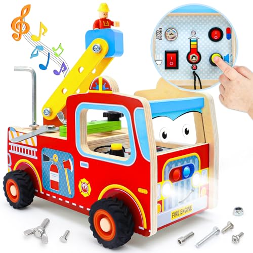 Feuerwehrauto Montessori Busy Board Holz ab 1 2 3 Jahren, Activity Board Motorikspielzeug mit Licht Sound Schalter, Schraubbrett Motorikbrett Holzspielzeug Lernspielzeug Geschenke für Baby Kleinkinder von Atoylink