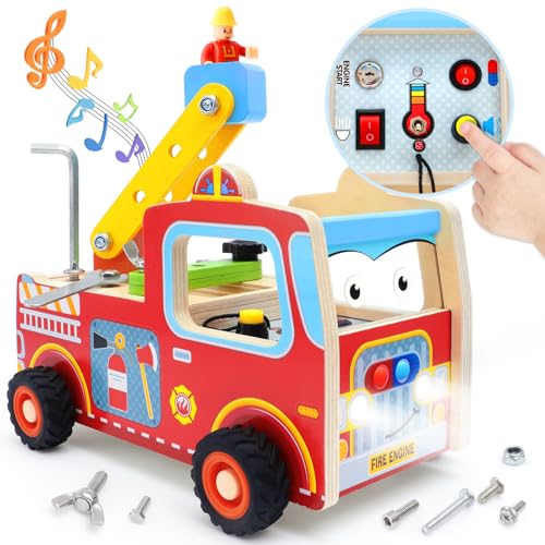 Feuerwehrauto Montessori Busy Board Holz ab 1 2 3 Jahren, Activity Board Motorikspielzeug mit Licht Sound Schalter, Schraubbrett Motorikbrett Holzspielzeug Lernspielzeug Geschenke für Baby Kleinkinder von Atoylink