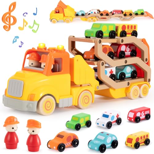 Holz Autotransporter Spielzeug für Kinder Abschleppwagen Spielzeug mit Abnehmbar Anhänger,6 Autos,Musik Licht,LKW Auto Spielzeug Lernspielzeug Geschenk für Kinder Jungen 2 3 4 5 6 7 Jahre von Atoylink