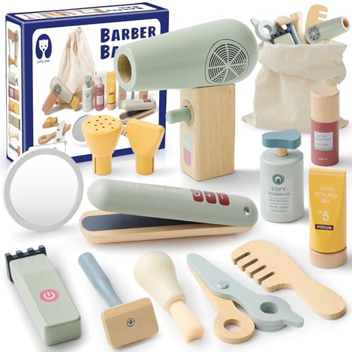 Holz Friseur Set Kinder mit Haartrockner Glätteisen Kamm Haarstyling Rasierzubehör Salon Friseur Zubehör Frisör Spielzeug Kinder Rollenspiel Holzspielzeug Geschenk für Jungen ab 3 4 5 6 7 8 Jahren von Atoylink