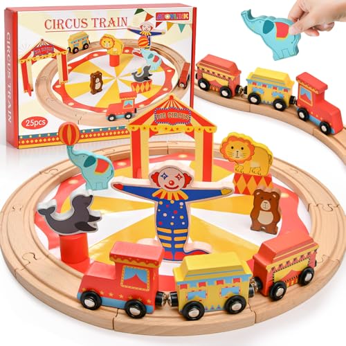 Atoylink Holzeisenbahn Set, Eisenbahn Holz für Kinder mit Zirkusclown und Tier, Eisenbahn Kinder, Holzzug Spielzeug Geschenk für Jungen Mädchen 3 4 5 6 Jahre von Atoylink