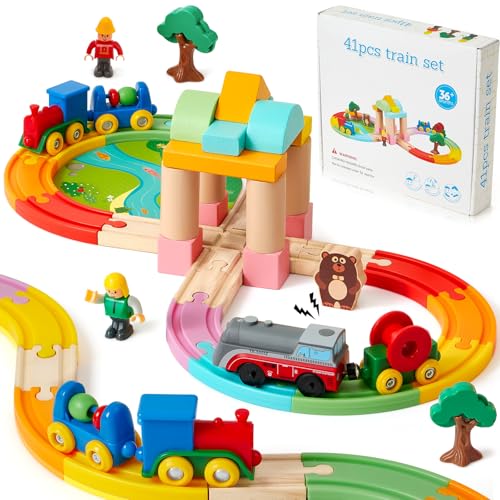 Holzeisenbahn und Züge Pack Eisenbahn Elektrische Lok Kinder mit Holzschienen Zug Spielzeug Batteriebetriebener Lokomotivzug Holzbausteine Eisenbahnspielzeug, Geschenke für Jungen Mädchen von Atoylink