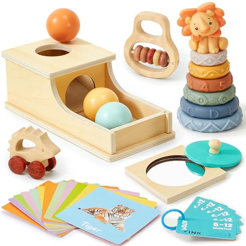 Montessori Babyspielzeug ab 6 Monate Sensorik Spielzeug mit Spinning Drum & Tücherbox & Rassel Baby & Greiflinge & Regenmacher & Kontrastkarten Motorikspielzeug Holzspielzeug Geschenk Baby 1 Jahre von Atoylink