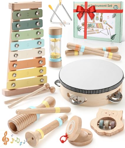 Musikinstrumente für Kinder Kinderspielzeug ab 1 2 3 Jahr, Holzspielzeug Musikinstrumente Trommel Xylophon Babys Spielzeug Geburtstagsgeschenke für Jungen Mädchen Montessori Spielzeug ab 3 Jahre von Atoylink