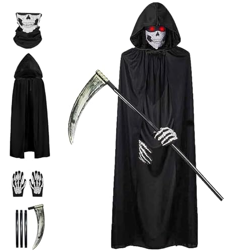 Atsmoce® Sensenmann Kostüm, Halloween Umhang mit Sense, Schädelmaske, Handschuhen, Halloween Kostüm für Erwachsene, Todesumhang für Halloween Party Dekoration Cosplay-Unisex (B, Erwachsener) von Atsmoce