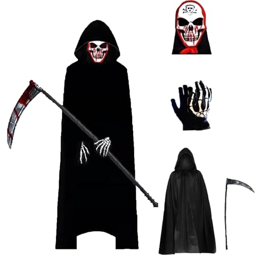 Atsmoce® Sensenmann Kostüm, Halloween Umhang mit Sense, Schädelmaske, Handschuhen, Halloween Kostüm für Erwachsene, Todesumhang für Halloween Party Dekoration Cosplay-Unisex (C, Erwachsener) von Atsmoce