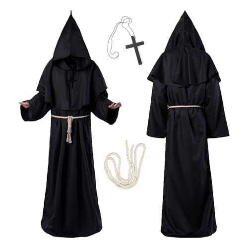 Atsmoce®Robe Mönch Kostüm Herren Damen Mittelalterliche Renaissance Robe Mönch Priester Kostüm Gewand mit Kreuz/Korde, Adapt Erwachsene für Maskerade Fasching Karneval Halloween (XL) von Atsmoce