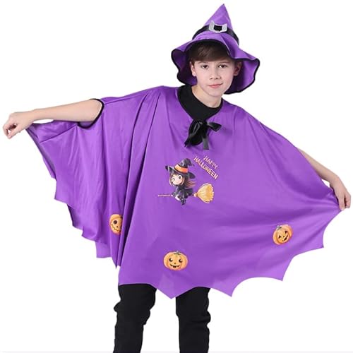 Atsmoce® Fledermaus Kostüm Kinder, Fledermaus Umhang Kostüm mit Hut, Kinderkostüm Vampir Fledermaus, für Halloween, Cosplay, Karneval, Maskerade, Geeignet für Höhe 90-150cm (Lila) von Atsmoce