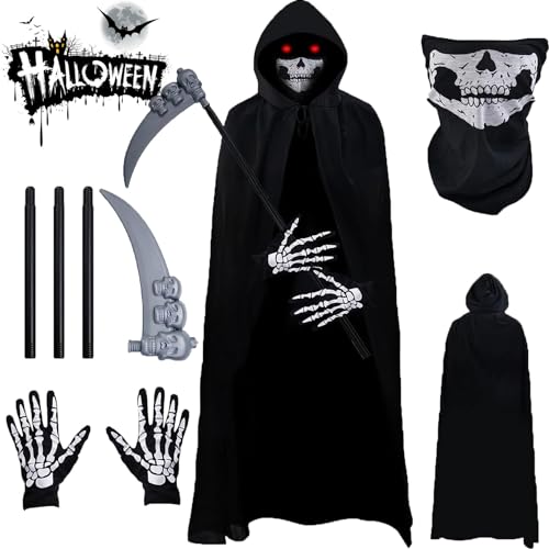 Atsmoce® Halloween Sensenmann Kostüm für Erwachsene und Kind, Halloween Kostüm Sensenmann Umhang mit Sense, Schädelmaske, Handschuhen, Todesumhang für Halloween, Karneval, Cosplay, unisex (A, adult) von Atsmoce