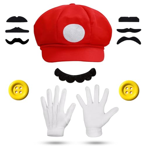 Atuoxing 12 Stück Mario Kostüm Accessories für Fasching, Mario & Luigi Mütze, Mario Kostüm Zubehör für Erwachsene Kinder Karneval Cosplay von Atuoxing