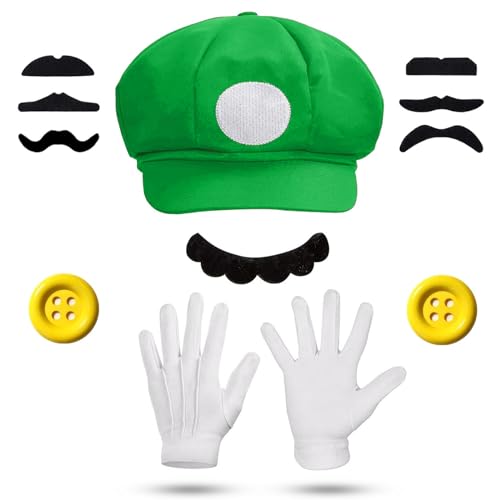 Atuoxing 12 Stück Mario Kostüm Accessories für Fasching, Mario & Luigi Mütze, Mario Kostüm Zubehör für Erwachsene Kinder Karneval Cosplay von Atuoxing