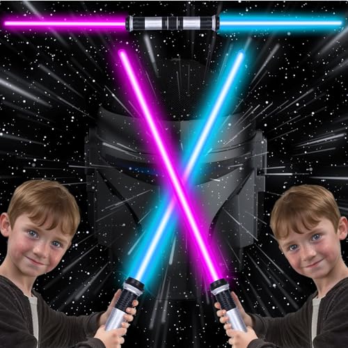 Atuoxing 2 Stück Laserschwert, 2 in 1 Lichtschwert Kinder mit Einziehbar, 7 Farben LED Lightsaber mit Licht und Sound für Verkleidung Kinder von Atuoxing