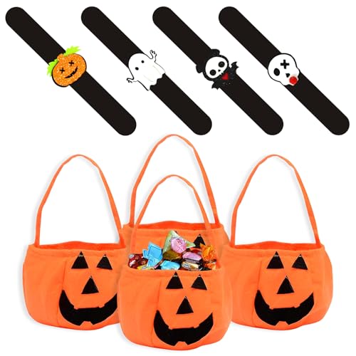 Atuoxing 4 Stück Halloween Kürbis Sammeltasche + 4 Stück Schnapparmband kinder Kürbis Candy Bag halloween korb Tasche für Halloween Party kinder Geschenk von Atuoxing