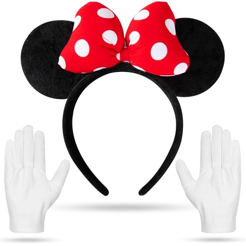 Atuoxing Minnie Mouse Kostüm Damen, Rote Schleife und Weiße Gepunktete Mouse Ohren, Schwarzes Mouse Damen Stirnband Minnie Mouse von Atuoxing