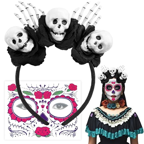 Atuoxing Halloween Rosen Totenkopf Haarreif, Dia de Los Muertos Kostüm Accessoires, Halloween Haarschmuck mit Gesicht Tattoos Tag der Toten Kostüm für Damen von Atuoxing