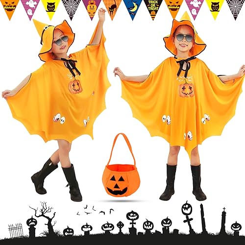 Atuoxing Halloween Kostüm Kinder, Fledermaus Umhang mit Hut für Mädchen Jungen, Kürbis Candy Bag, Kinder Hexenkostüm für Halloween Karneval Cosplay (Gelb) von Atuoxing