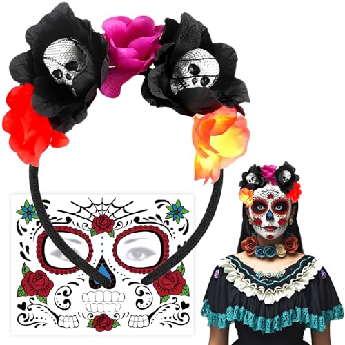 Atuoxing Halloween Rosen Totenkopf Haarreif, Dia de Los Muertos Kostüm Accessoires, Halloween Haarschmuck mit Gesicht Tattoos Tag der Toten Kostüm für Damen von Atuoxing