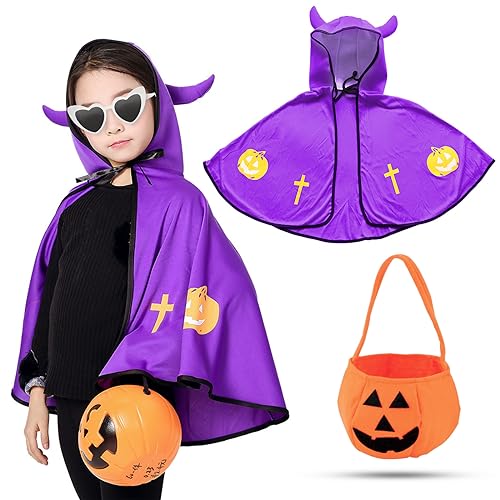 Atuoxing Kinder Halloween Kostüm, Teufel Umhang mit Teufelshörner für Jungen Mädchen, Vampir Cape Teufelkostüm mit Kürbis Candy Bag für Halloween Karneval Cosplay (Lila) von Atuoxing