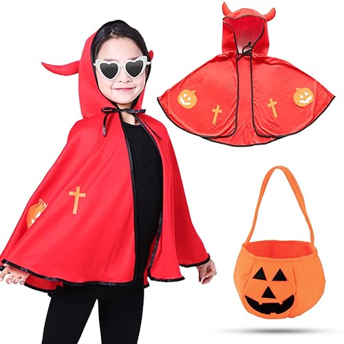 Atuoxing Kinder Halloween Kostüm, Teufel Umhang mit Teufelshörner für Jungen Mädchen, Vampir Cape Teufelkostüm mit Kürbis Candy Bag für Halloween Karneval Cosplay (Rot) von Atuoxing