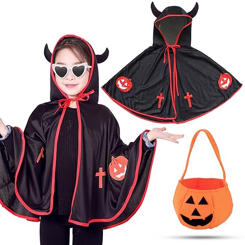 Atuoxing Kinder Halloween Kostüm, Teufel Umhang mit Teufelshörner für Jungen Mädchen, Vampir Cape Teufelkostüm mit Kürbis Candy Bag für Halloween Karneval Cosplay (Schwarz) von Atuoxing