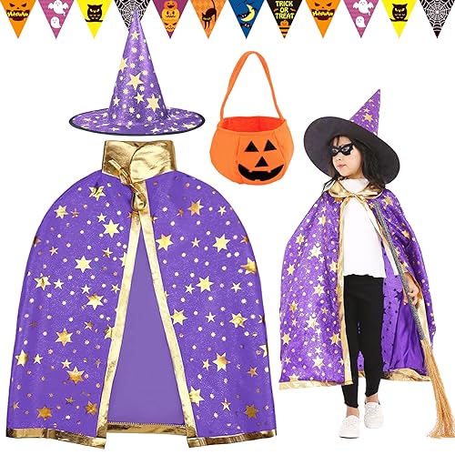 Atuoxing Halloween Zauberer Kostüm Kinder Halloween Kostüm mit Hut Wizard Cape Witch Umhang für Kinder Junge Mädchen Cosplay party (Lila) von Atuoxing