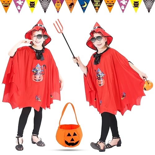 Atuoxing Halloween Kostüm Kinder, Fledermaus Umhang mit Hut für Mädchen Jungen, Kürbis Candy Bag, Kinder Hexenkostüm für Halloween Karneval Cosplay (Rot) von Atuoxing