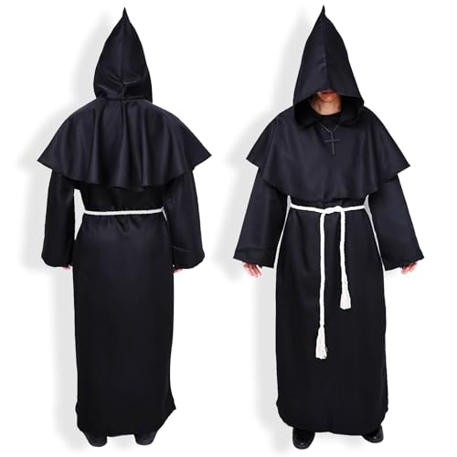 Atuoxing Robe Mönch Kostüm Priester Karneval Kostüm Herren Karnevalskostüme Priest Mönch Kostüm mit Kapuze Kordel Faschingskostüme Cosplay von Atuoxing