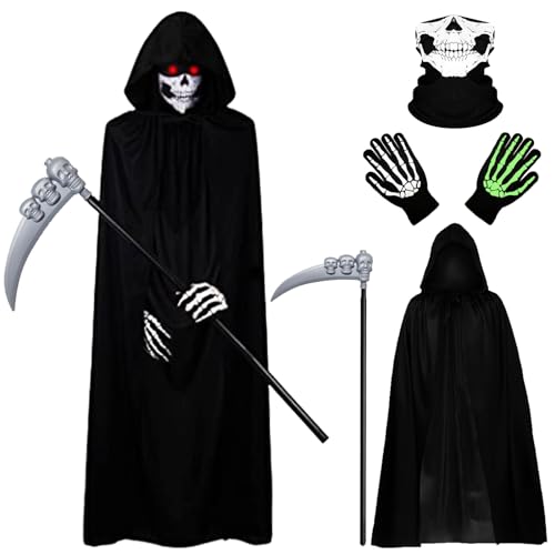 Atuoxing Sensenmann Kostüm Set, Schwarzer Umhang mit Kapuze, Faschingskostüme Herren, Scream Kostüm mit Sichel, Sense Kostüm für Erwachsene Karneval Cosplay von Atuoxing