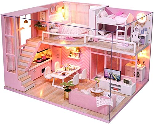 DIY Puppenhaus Kit, Miniatur 3D Pink Girl Holz Loft Montage Puppenhaus mit LED-Licht für Kinder Mädchen Home Decor Geburtstag WeihnachtsgeschenkHäuser von Atyhao