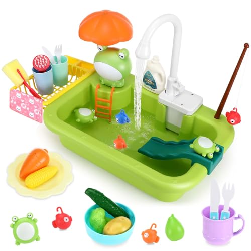 Spielspüle Spielzeug, 2 in 1 Kitchen Sink Toy Set mit Küchenspielzeugzubehör und Angelspiel, Waschbecken Kinder mit Wasserfunktion Geeignet als Geschenk für Jungen und Mädchen von Auauraintt