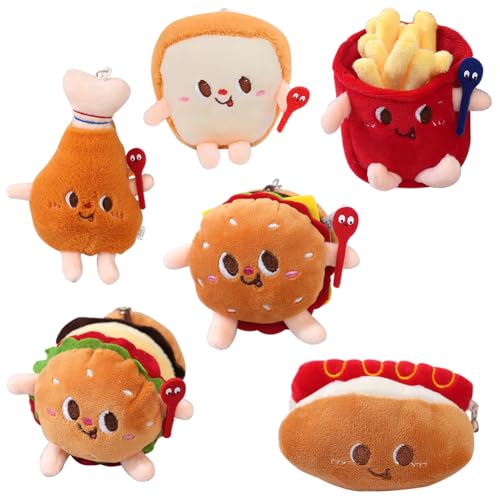 Aublinto 6-teiliges Cartoon-Plüsch-Schlüsselanhänger-Set – süße Toast-, Hotdog-, Hamburger-Anhänger für Rucksack, Schultasche, Schlüssel, Handtasche – 10 cm von Aublinto