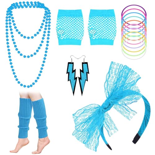 Aublinto 80er 90er Jahre Outfit Damen 80er Jahre Kleidung Damen Set Netzshirt Tank top Halskette Armband, Ohrring, Stirnband, 90er Jahre Neon Party Outfit Mottoparty Accessoires Karneval Hellblau von Aublinto