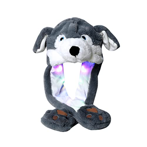 Aublinto Bewegliche Ohren Mütze - Plüsch Tierohren Hut mit LED und Luftpolster – Süße Cap für Cosplay, Geschenkidee zum Geburtstag, Husky-Design Hut Mädchen Tiere Ohr Bewegung springende Hüte Kinder von Aublinto