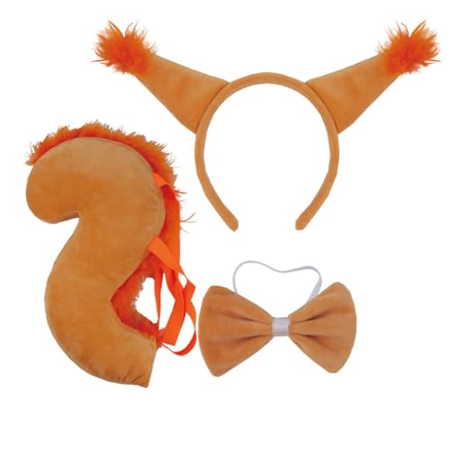 Aublinto Eichhörnchenohr-Stirnband-Set Eichhörnchenschwanz Fliege Accessoire Plüsch Eichhörnchenohr Tier Kostüm Zubehör n Eichhörnchenohren Haarband Halloween Cosplay Dunkelgelb von Aublinto