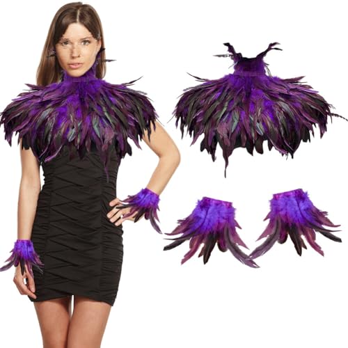 Aublinto Federkragen Kostüm Damen mit Feder Manschetten Federumhang Kostüm Damen Gothic Federrock Pfau Kostüm für Halloween Karneval Maskerade Cosplay Kostüme von Aublinto