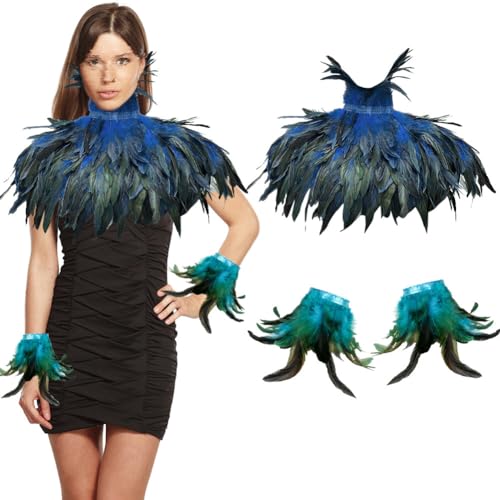 Aublinto Federkragen Kostüm Damen mit Feder Manschetten Federumhang Kostüm Damen Gothic Federrock Pfau Kostüm für Halloween Karneval Maskerade Cosplay Kostüme von Aublinto