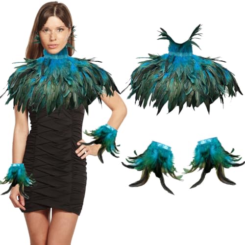 Aublinto Federkragen Kostüm Damen mit Feder Manschetten Federumhang Kostüm Damen Gothic Federrock Pfau Kostüm für Halloween Karneval Maskerade Cosplay Kostüme von Aublinto