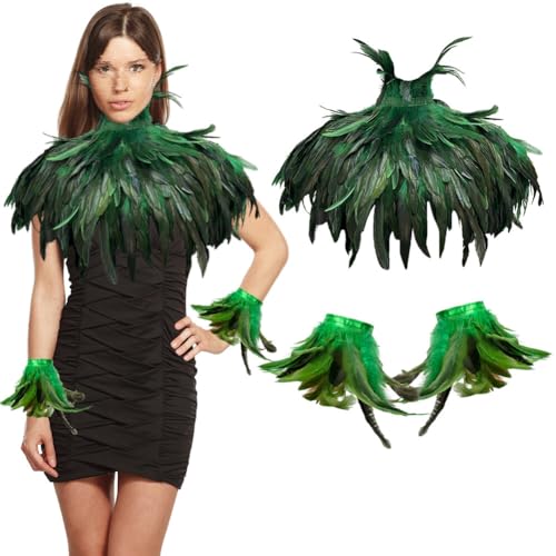 Aublinto Federkragen Kostüm Damen mit Feder Manschetten Federumhang Kostüm Damen Gothic Federrock Pfau Kostüm für Halloween Karneval Maskerade Cosplay Kostüme von Aublinto