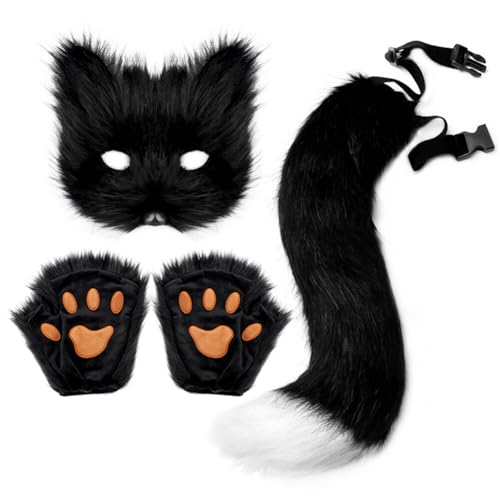 Aublinto Fuchs-Kostüm realistische Fuchsmaske mit Handschuhen thematisch gestaltete dekorative Fuchsmaske Maskerade Cosplay Halloween Requisite Zubehör Schwarz/Weiß 1 Set von Aublinto