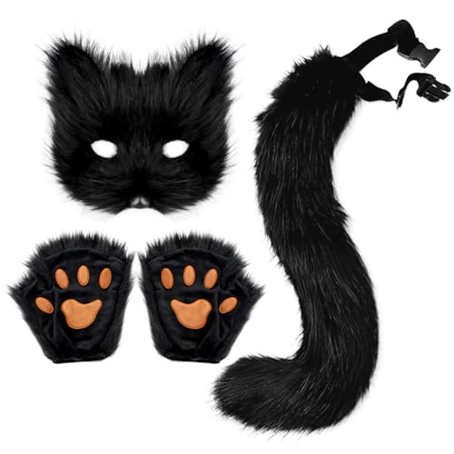 Aublinto Fuchs-Kostüm realistische Fuchsmaske mit Handschuhen thematisch gestaltete dekorative Fuchsmaske Maskerade Cosplay Halloween Requisite Zubehör Schwarz 1 Set von Aublinto