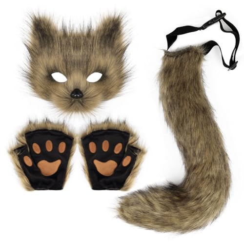 Aublinto Fuchs-Kostüm realistische Fuchsmaske mit Handschuhen thematisch gestaltete dekorative Fuchsmaske Maskerade Cosplay Halloween Requisite Zubehör Strohgelb 1 Set von Aublinto