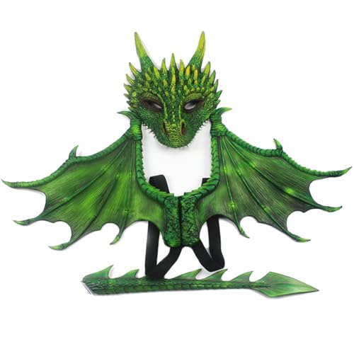 Aublinto Halloween Drachen Maske Drachen Cosplay Kostüm Drachenflügel Schwanz Masken Set Drachen Cosplay Kostüm,Drachenmaske Kostüm Maskerade,Halloween Dinosaurier Cosplay Drachen Kostüm von Aublinto