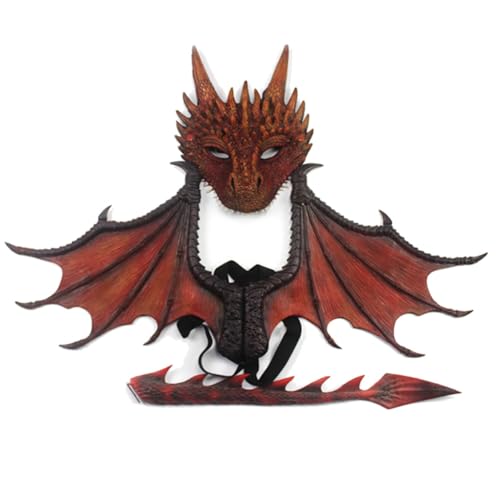 Aublinto Halloween Drachen Maske Drachen Cosplay Kostüm Drachenflügel Schwanz Masken Set Drachen Cosplay Kostüm,Drachenmaske Kostüm Maskerade,Halloween Dinosaurier Cosplay Drachen Kostüm von Aublinto