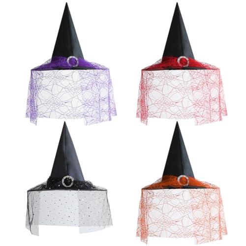 Aublinto Hexenhut Hut Hexe Halloween Frauen Damen Hexenhut Ursula Party Fashion Minihexenhut mit Federn und Schleier Mottoparty Karneval Halloween Schleier Tüll Zauberer Magier 4 Farben von Aublinto