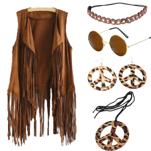 Aublinto Hippie Kleidung Damen Set 60er 70er Jahre Outfit Damen Mädchen Braun Fransen Weste Hippie Kostüm Fransenweste Hippie Accessoires Karneval Faschingskostüme Hallowee 2XL von Aublinto