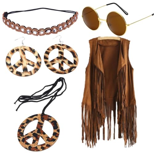 Aublinto Hippie Kleidung Damen Set 60er 70er Jahre Outfit Damen Mädchen Braun Fransen Weste Hippie Kostüm Fransenweste Hippie Accessoires Karneval Faschingskostüme Hallowee L von Aublinto