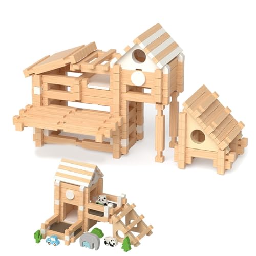 Aublinto Holzbausteine Natur Spielzeug ab 3 4 5 6 Jahre Bauklötze Holz für Kinder Geschenke Junge und Mädchen Ostergeschenke Kreatives Premium Holzbausteine Holzbausteine Natur - Bauklötze Holz Baby von Aublinto