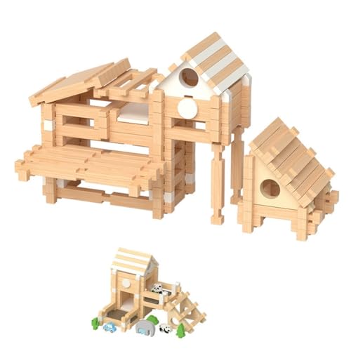 Aublinto Holzbausteine Natur Spielzeug ab 3 4 5 6 Jahre Bauklötze Holz für Kinder Geschenke Junge und Mädchen Ostergeschenke Kreatives Premium Holzbausteine Holzbausteine Natur - Bauklötze Holz Baby von Aublinto